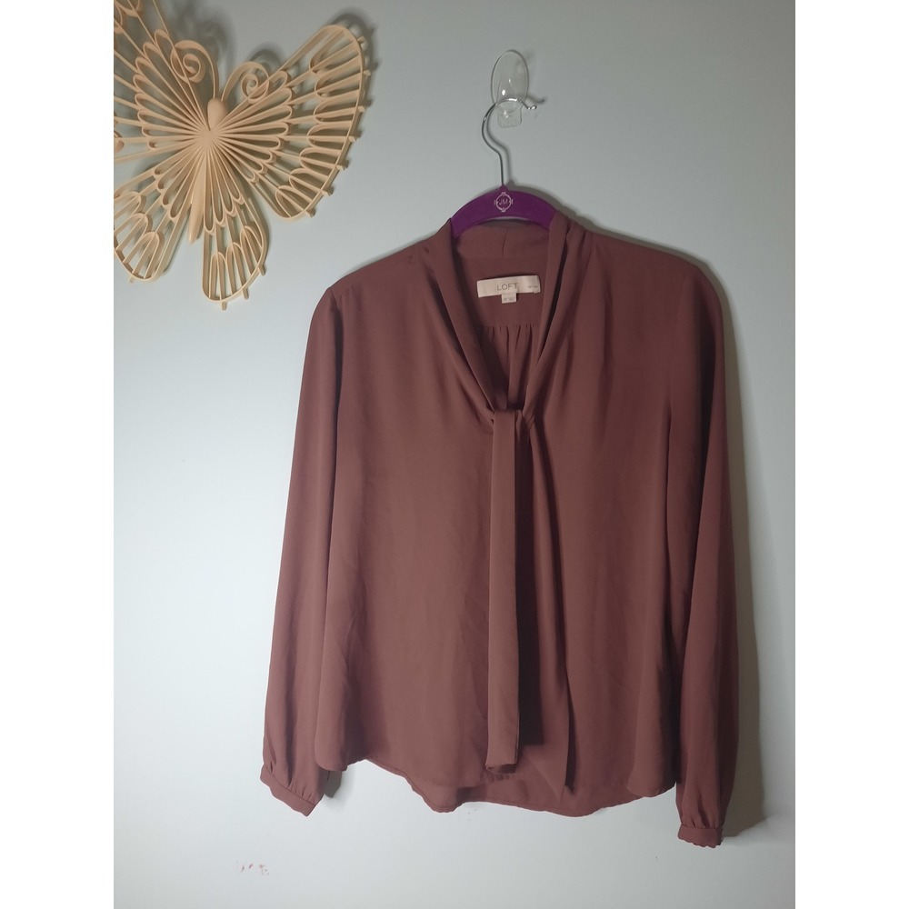 Loft Petites Mauve Tie Neck Long Sleeve Blouse SP Dusty Rose Workwear Top
